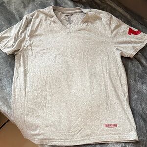 True Religion Light Gray V-Neck Tee with Red Accents